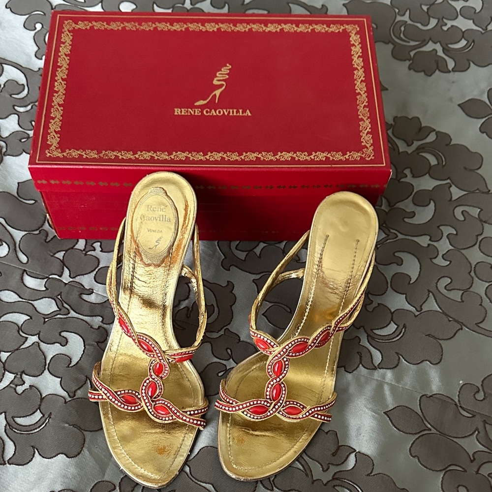 Rene Caovilla Gold and Red Heeled Sandals